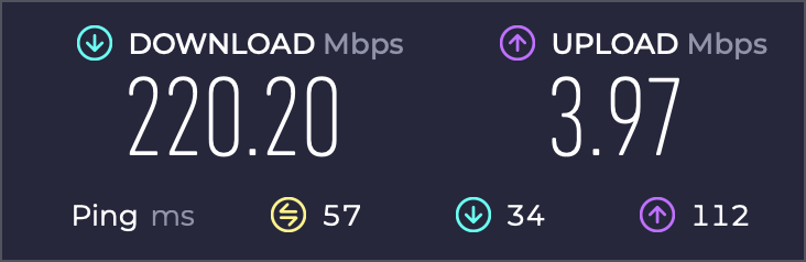 Speedtest dot net showing 220 down 4 up when directly attached to the frontier box without eeros.png Speedtest dot net showing 220 down 4 up when directly attached to the frontier box without eeros.