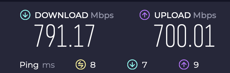 Speedtest showing 800 down 700 up after he bounced the data port.png Speedtest showing 800 down 700 up after he bounced the data port.