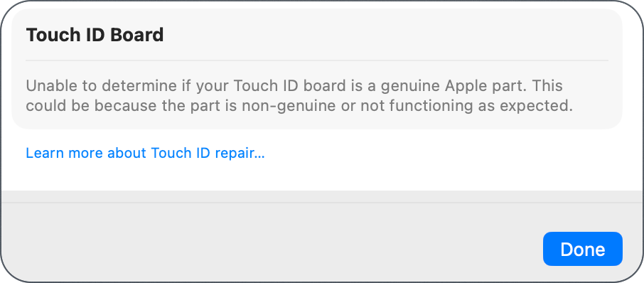Touch ID Board section saying unable to determin if genuine apple part.