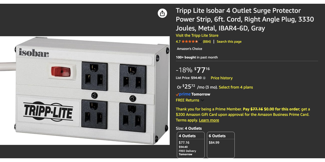Tripp Lite Isobar 4-6D outlet surge protector in Amazon ad