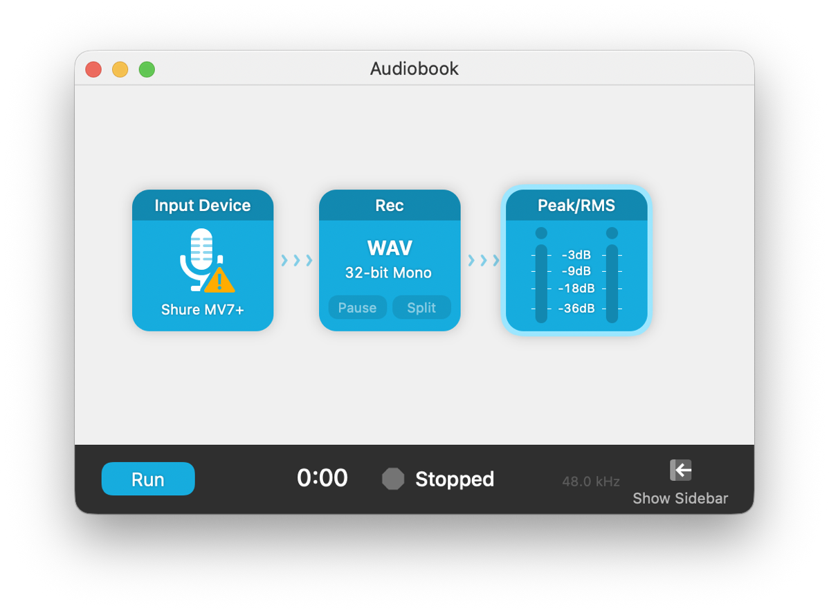 audio hijack.png Audio Hijack session iwth three blocks. input device as his mic then recorder to wave and finally a peak RMS meter.