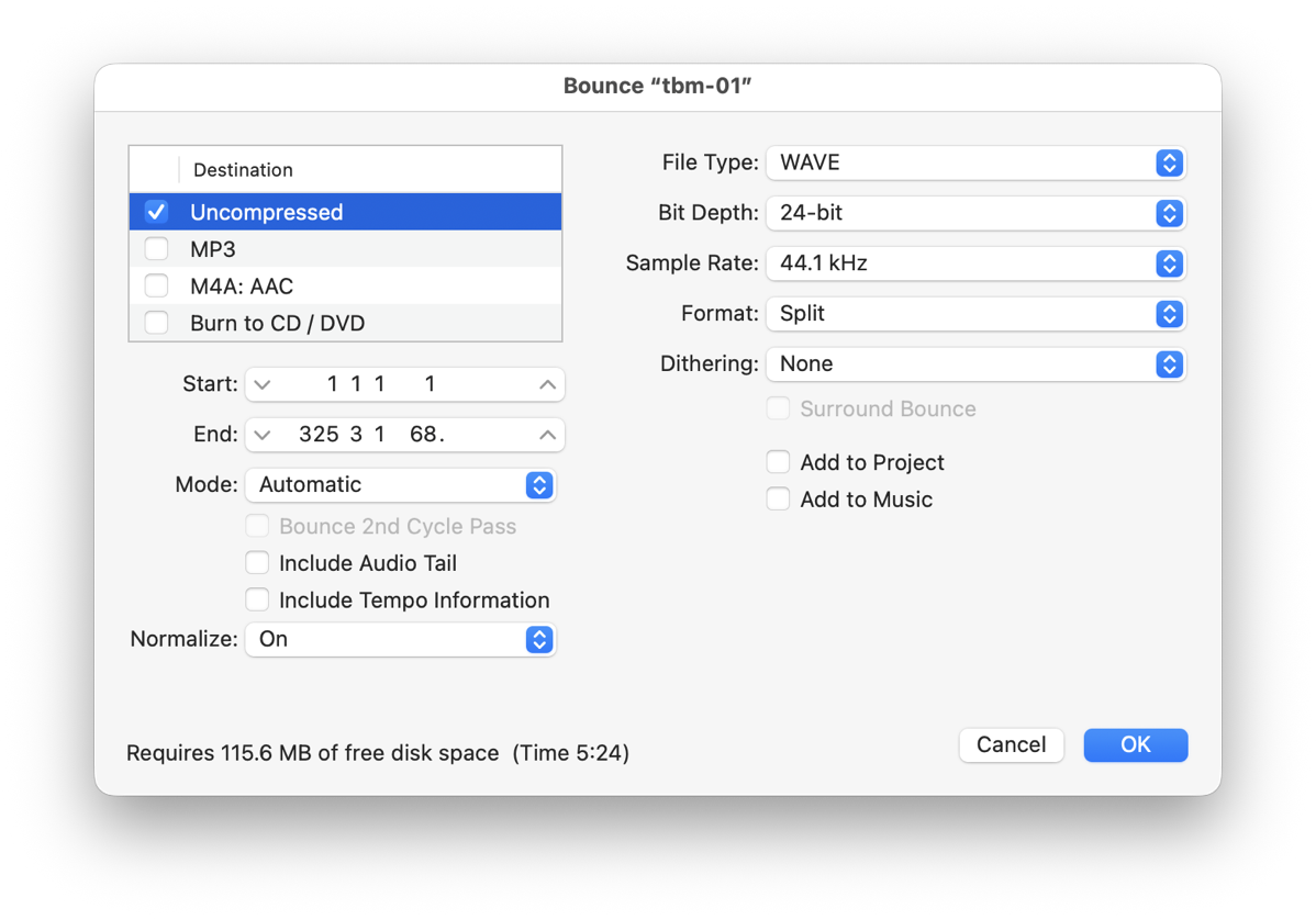 bounce.png Bounce tbm-01 dialogue box in an audio editor, showing export settings for an uncompressed WAV file at 24-bit, 44.1 kHz, split format with normalisation turned on, ready to render the final mix.