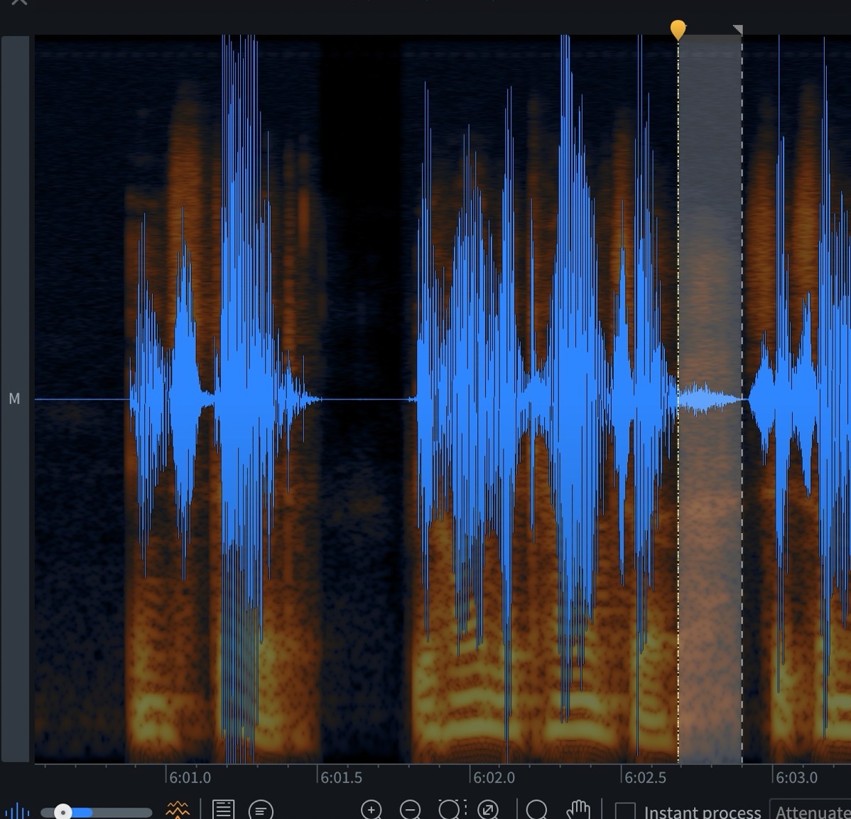 breath-01.jpg Screenshot of audio repair software showing a dense blue speech waveform over an orange spectrogram on a dark background, with a short section around 6:02 highlighted for editing on the right side of the screen.