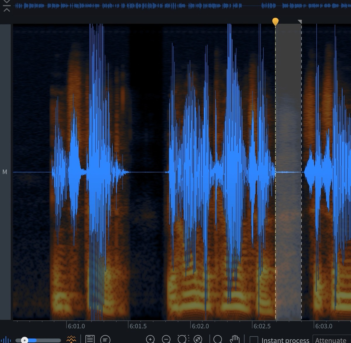 breath-02.jpg Screenshot of audio-editing software showing a detailed blue speech waveform over an orange spectrogram, with a narrow region around 6:02 seconds highlighted on the right and a smaller overview waveform strip running along the top of the screen. The highlighted section has less amplitude than in the previous image.