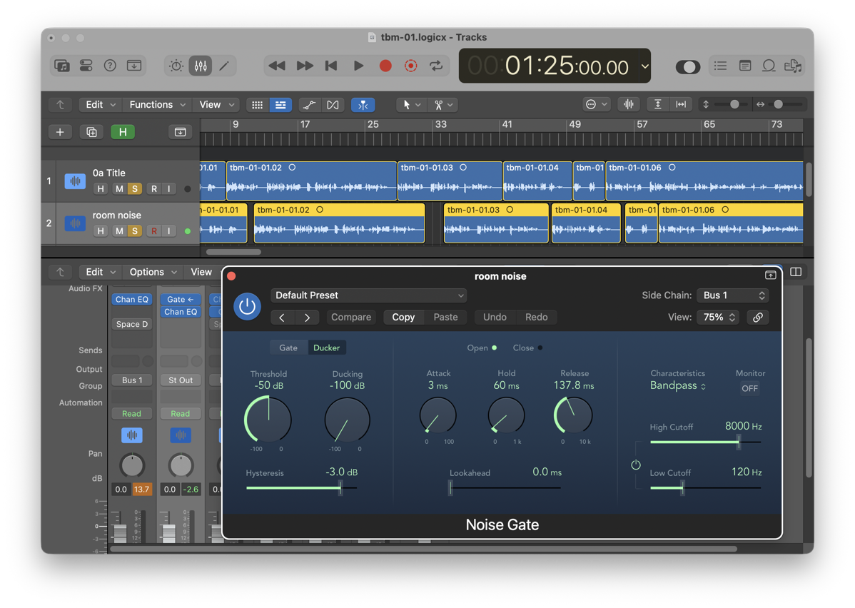 ducker.png Screenshot of a Logic Pro X session with dialogue and room-noise tracks laid out on the timeline, and a “Noise Gate” plug-in window open in Ducker mode, showing threshold, attack, release and band-pass settings used to reduce background noise between speech phrases.