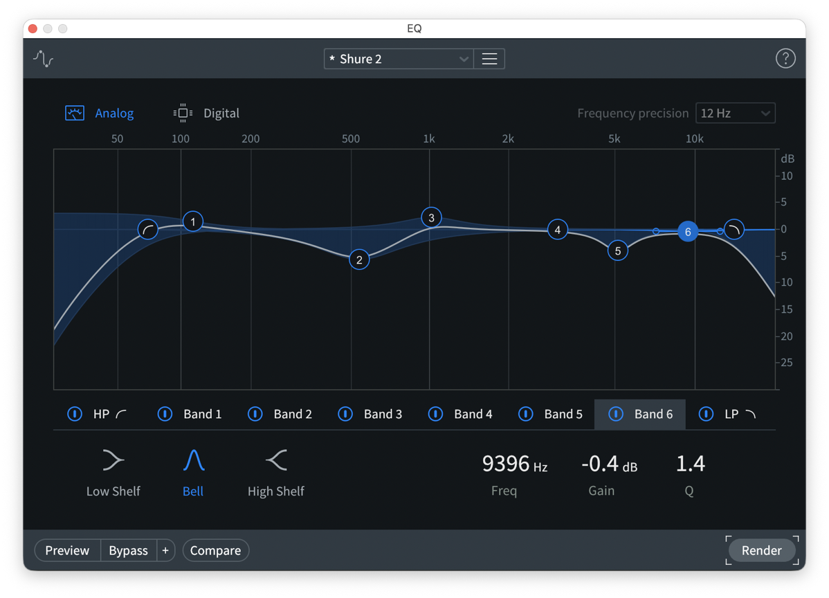 eq settings.png EQ plug-in window showing a Shure 2 vocal preset with a smooth blue curve across six bands: low-shelf roll-off in the bass, a small cut around 500 Hz, a boost near 1 kHz, a dip around 4–5 kHz, and a narrow notch at about 9.4 kHz (-0.4 dB, Q 1.4), used to fine-tune spoken-word tone.