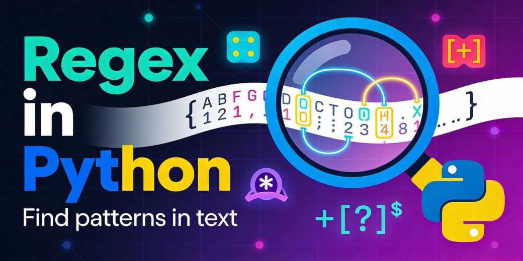 Regex in Python with bright colors and a ribbon of text under a magnifying glass and says find patterns in text