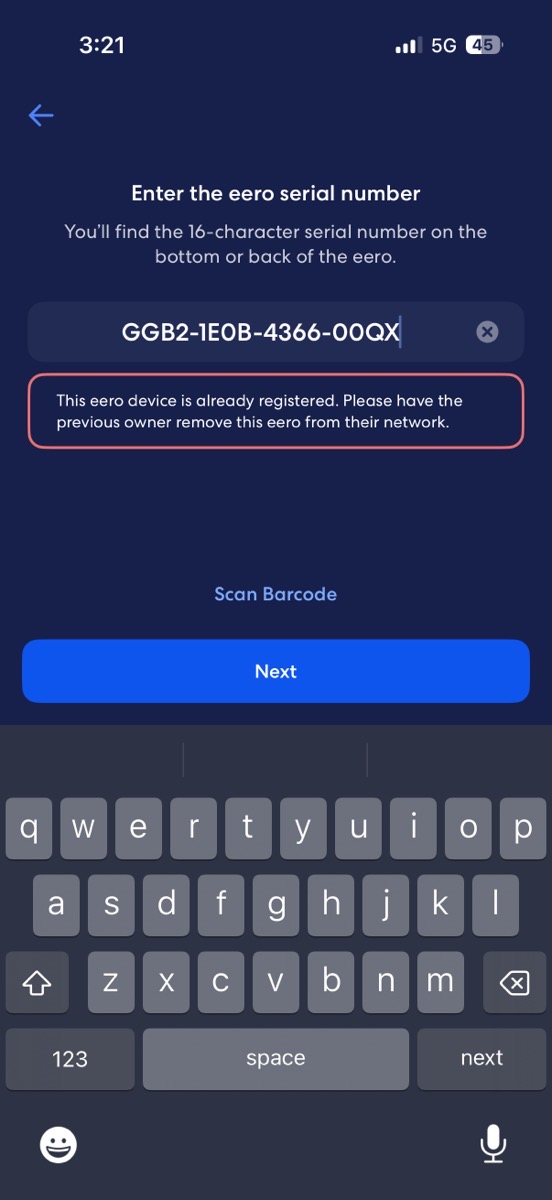 Screenshot of eero app syaing Eero 7 registered to another user.