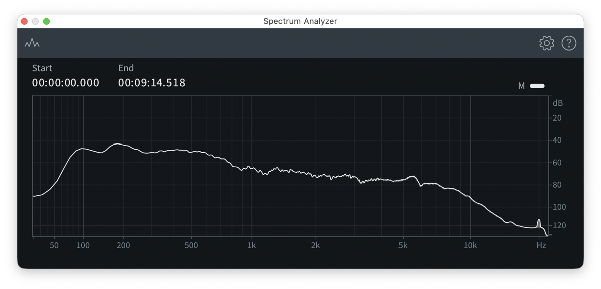 spectrum eddie.png pectrum Analyser window showing a white spectral curve but with undulations and drop-offs, illustrating the “before processing” recording.