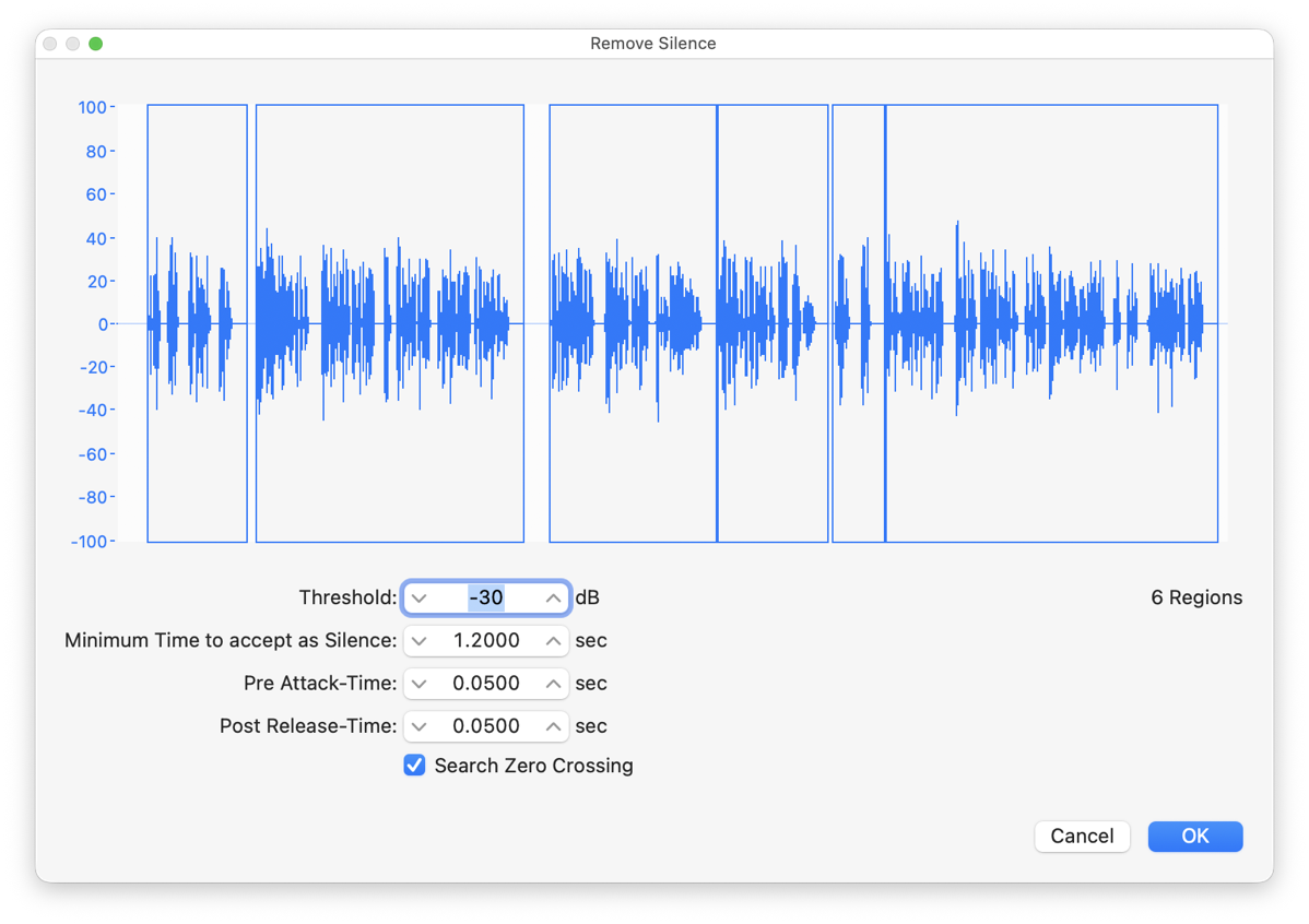 strip-silence.png “Remove Silence” window in an audio editor, showing a long blue waveform divided into six boxed regions where speech has been detected, with controls underneath for silence threshold, minimum silence length, attack and release times, and buttons to cancel or confirm the settings.