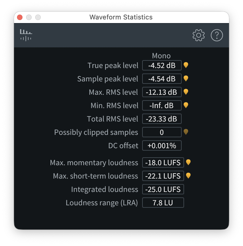 wave statistics.png Waveform Statistics window showing mono loudness and level readouts, including true peak around –4.5 dB, integrated loudness at –25 LUFS, no clipped samples, and a loudness range of about 7.8 LU.