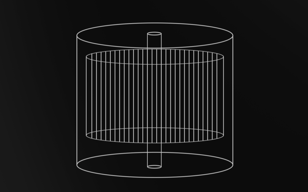 White wireframe diagram representing Aerleum's reactor. It shows a cylindrical structure with an inner slatted cylinder and a central vertical tube, shown on a black background.