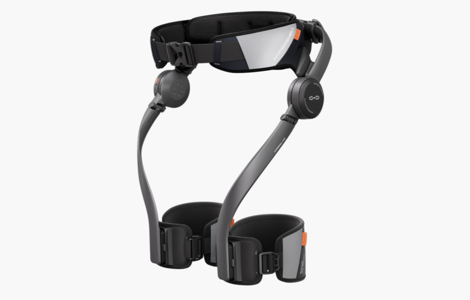 Hypershell X Ultra wearable hip exoskeleton with a padded waist belt, dual motorized hip joints, curved support arms, and adjustable thigh straps, shown isolated on a white background.