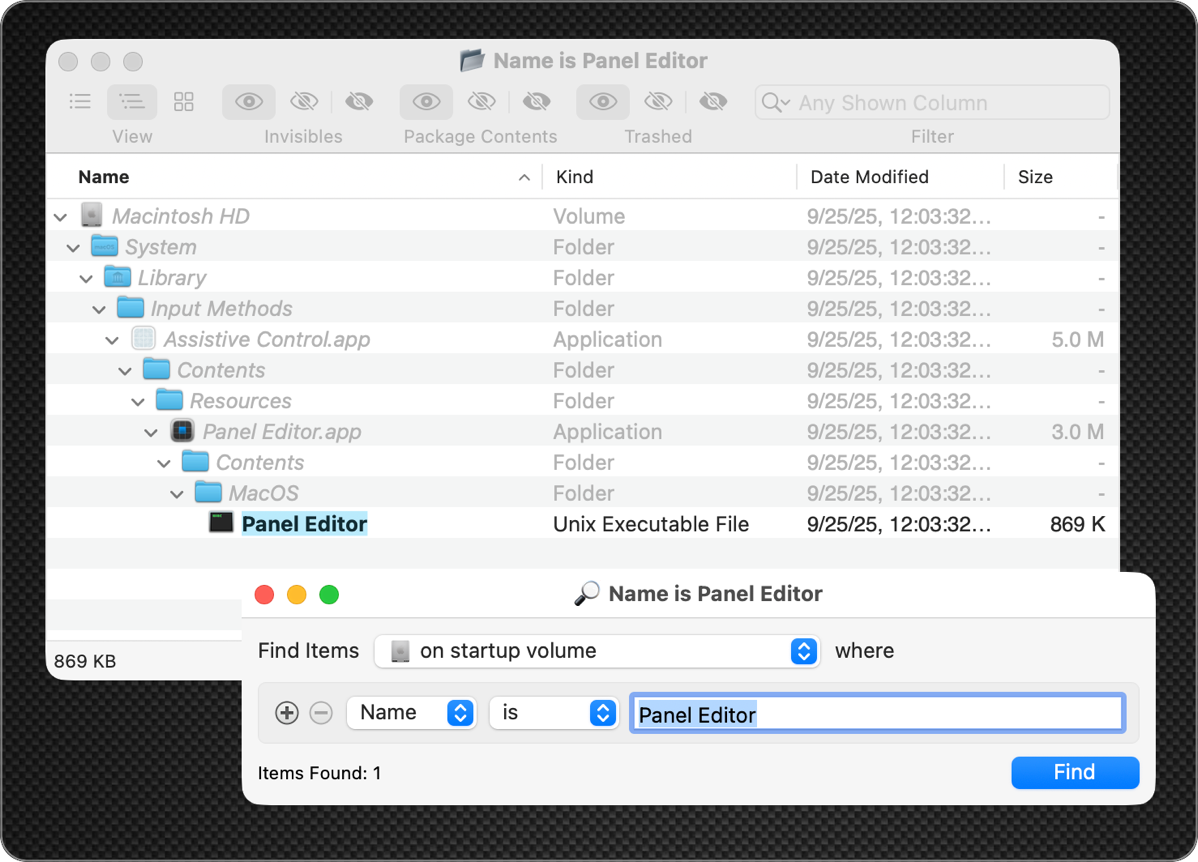 Find Any File showing descending folders down to buried Panel Editor.