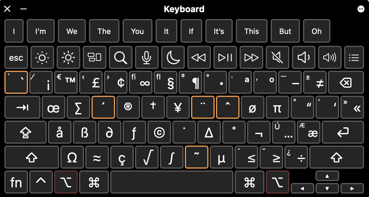 Option key held down on keyboard Viewer reveals accent aigu and more.