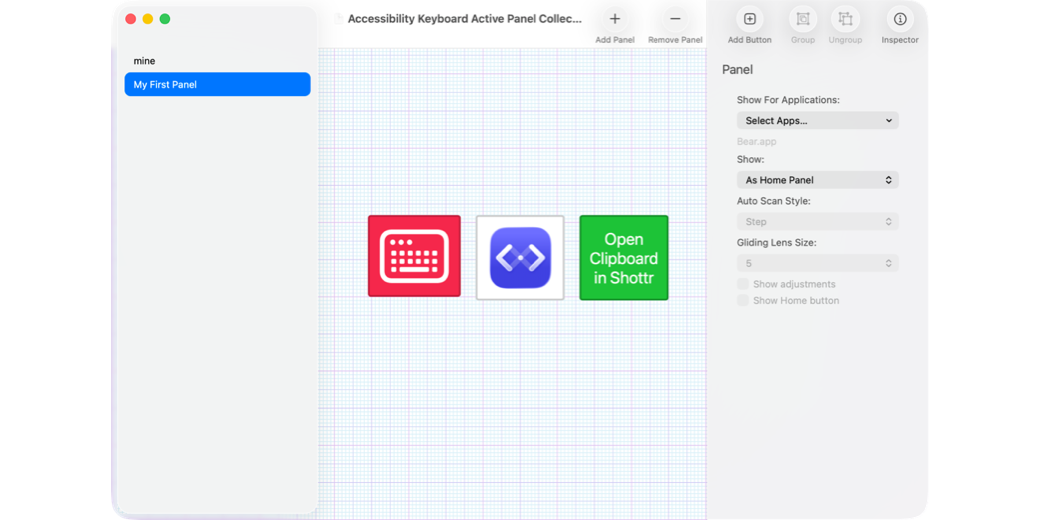 Panel Editor showing three buttons created through the instructions in the blog post
