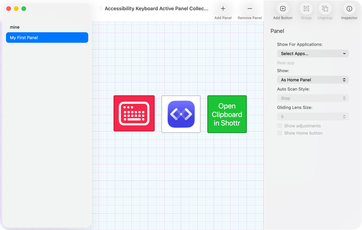 Panel Editor showing three buttons created through the instructions in the blog post.