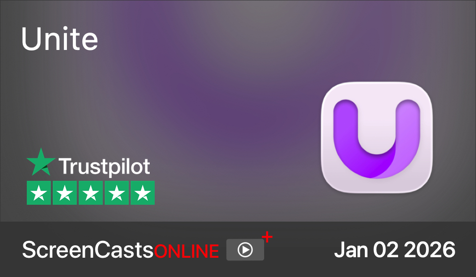Unite logo ona. background for ScreenCastsONLINE and saying Trustpilot with 5 stars