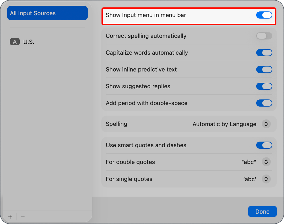 Show input menu in menu bar with other input sources options.