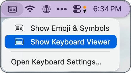 Show keyboard viewer shown from the Input menu icon in the menu bar.