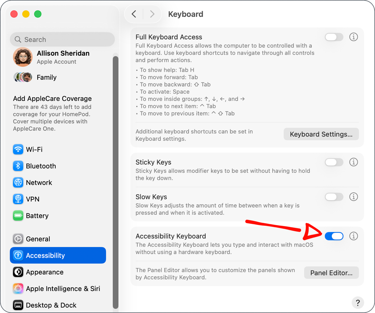 Toggle On Accessibility Keyboard in System Settings.