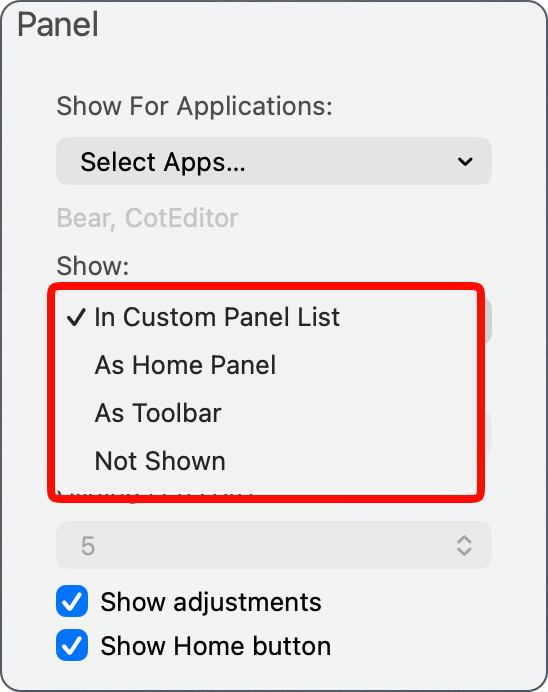 Options for how your panel will be displayed