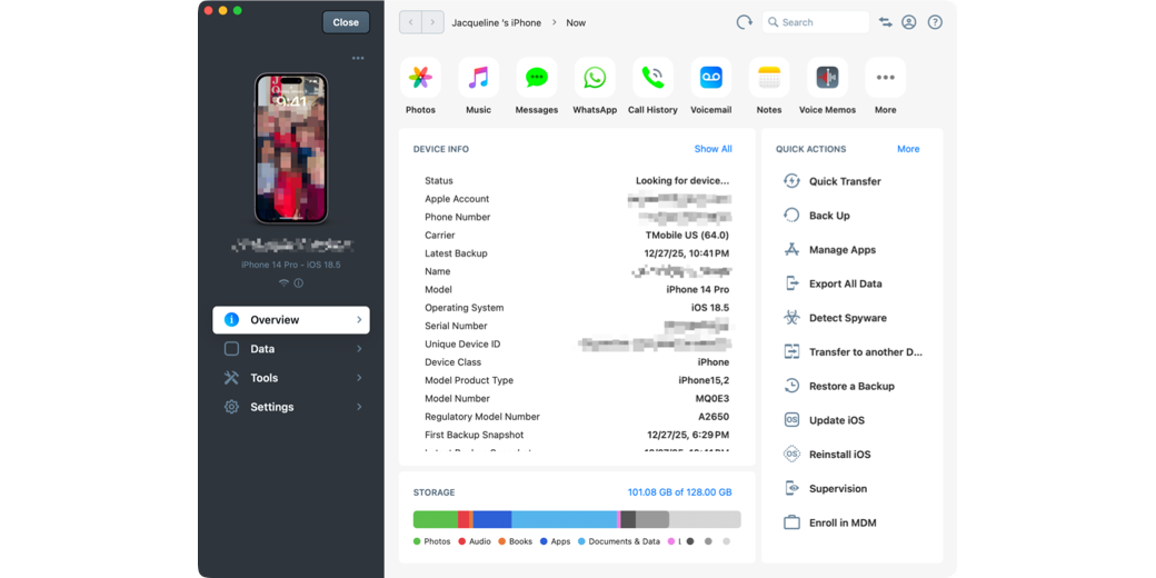 iMazing interface analyzing her phone. I explain details in the article