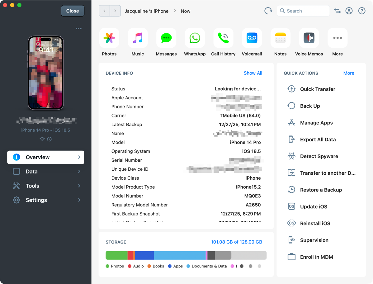 IMazing interface looking at her phone. I will describe this in some detail in the post
