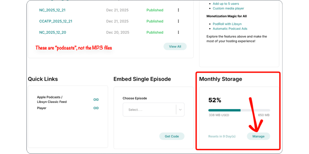 Libsyn 5s incredibly difficult to understand and use interface. In the screenshot I am highlighting that the list of episodes is NOT where you get to the audio files to replace them, it is in manage storage