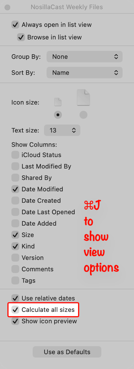 Show view options calculate all sizes.