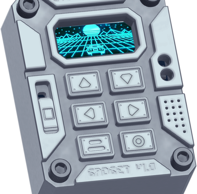 Close-up of a Cyber Fidget handheld device with a rugged, industrial design, featuring a small screen showing a neon grid landscape, multiple tactile buttons with arrow icons, and labeled text reading “Cyber Fidget” and “Gadget v1.0.”