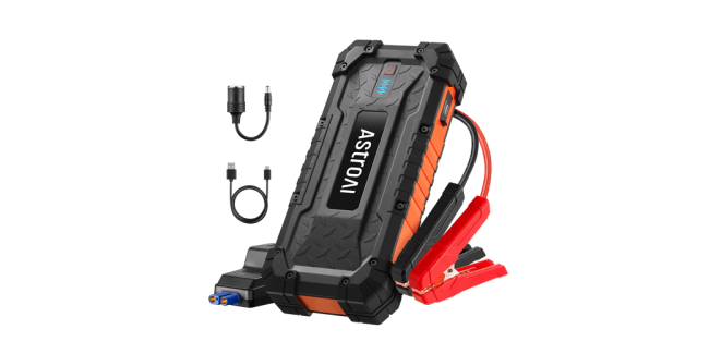 AstroAI jump starter - a small rectangular box with two jumper cable clamps sticking out the side in red and black