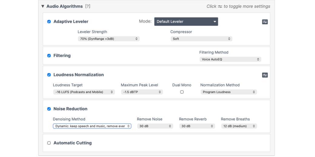 Auphonic Audio Algorithms as I have them set. explained in the blog post
