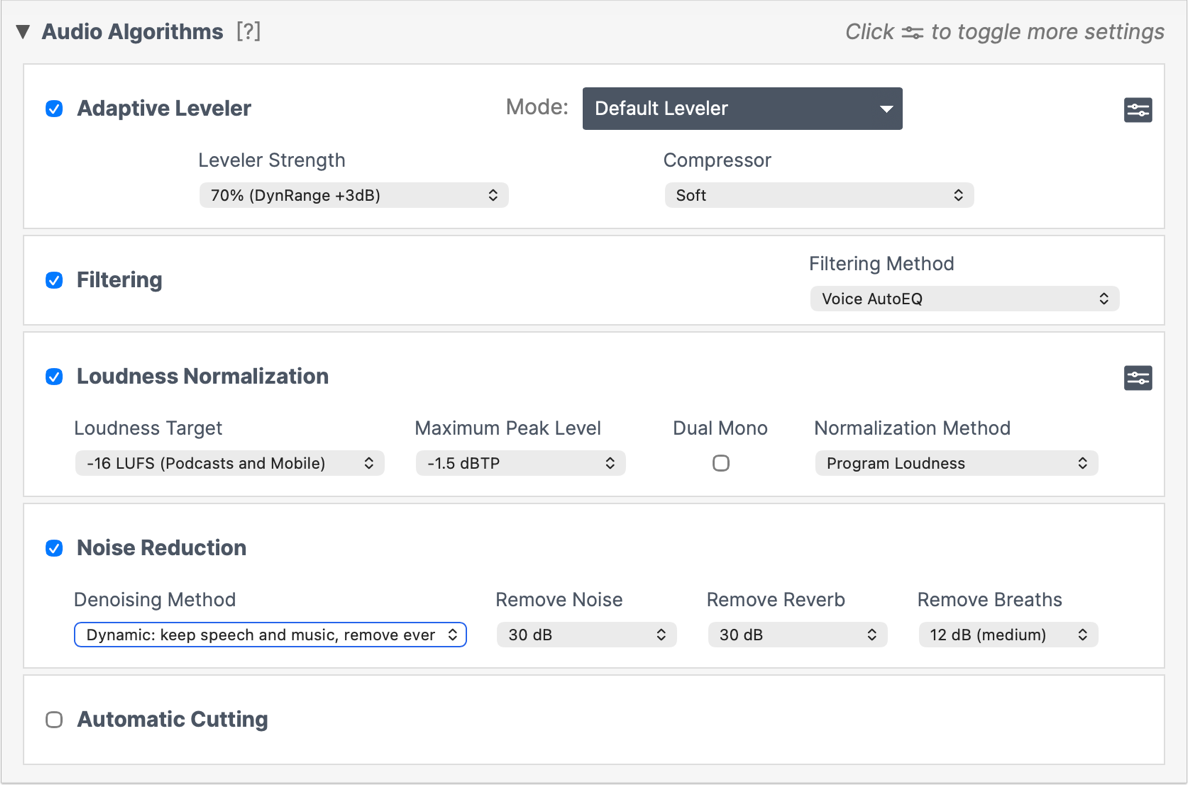 Auphonic Audio Algorithms as I have them set.