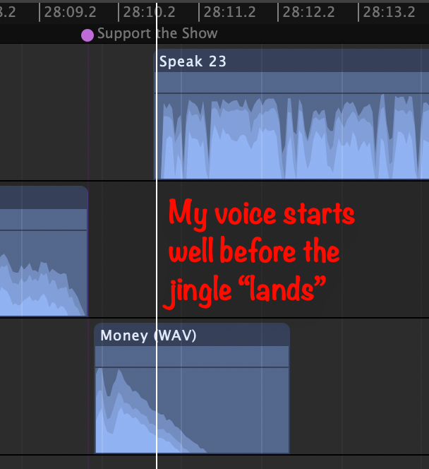 Hindenburg screenshot showing how I start talking before money jingle ends.
