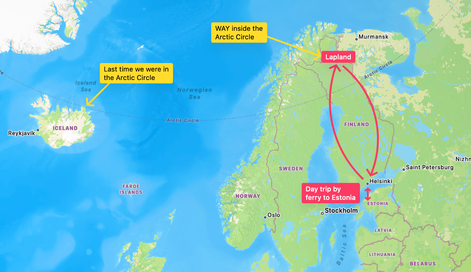 Map Annotated Arctic Circle.png Map showing Lapland above the arctic circle and also Iceland where we were just barely in the arctic circle. It also shows the little verry ride from Helsinki to Estonia.