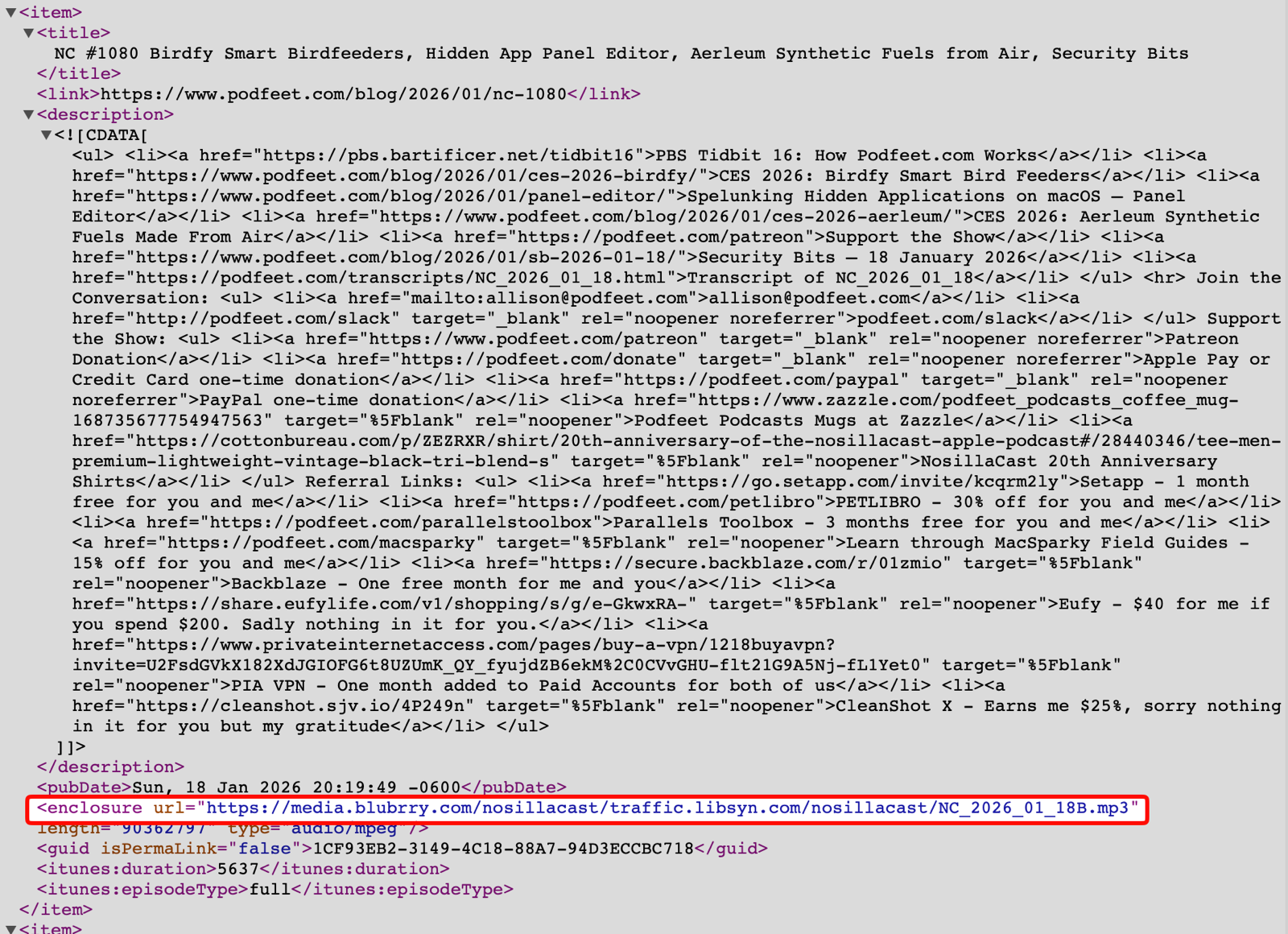NosillaCast RSS feed highliging the enclosure file for episode 1080 including the all-important B.