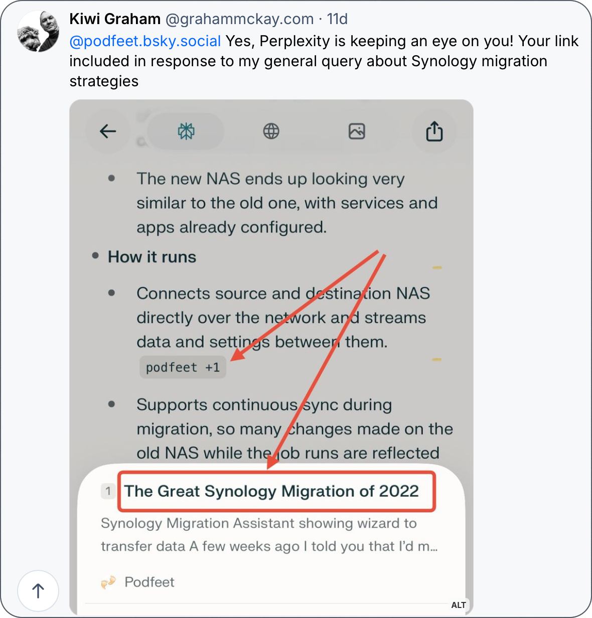 Perplexity from Kiwi Graham on Bluesky (question and answer explained in the text).