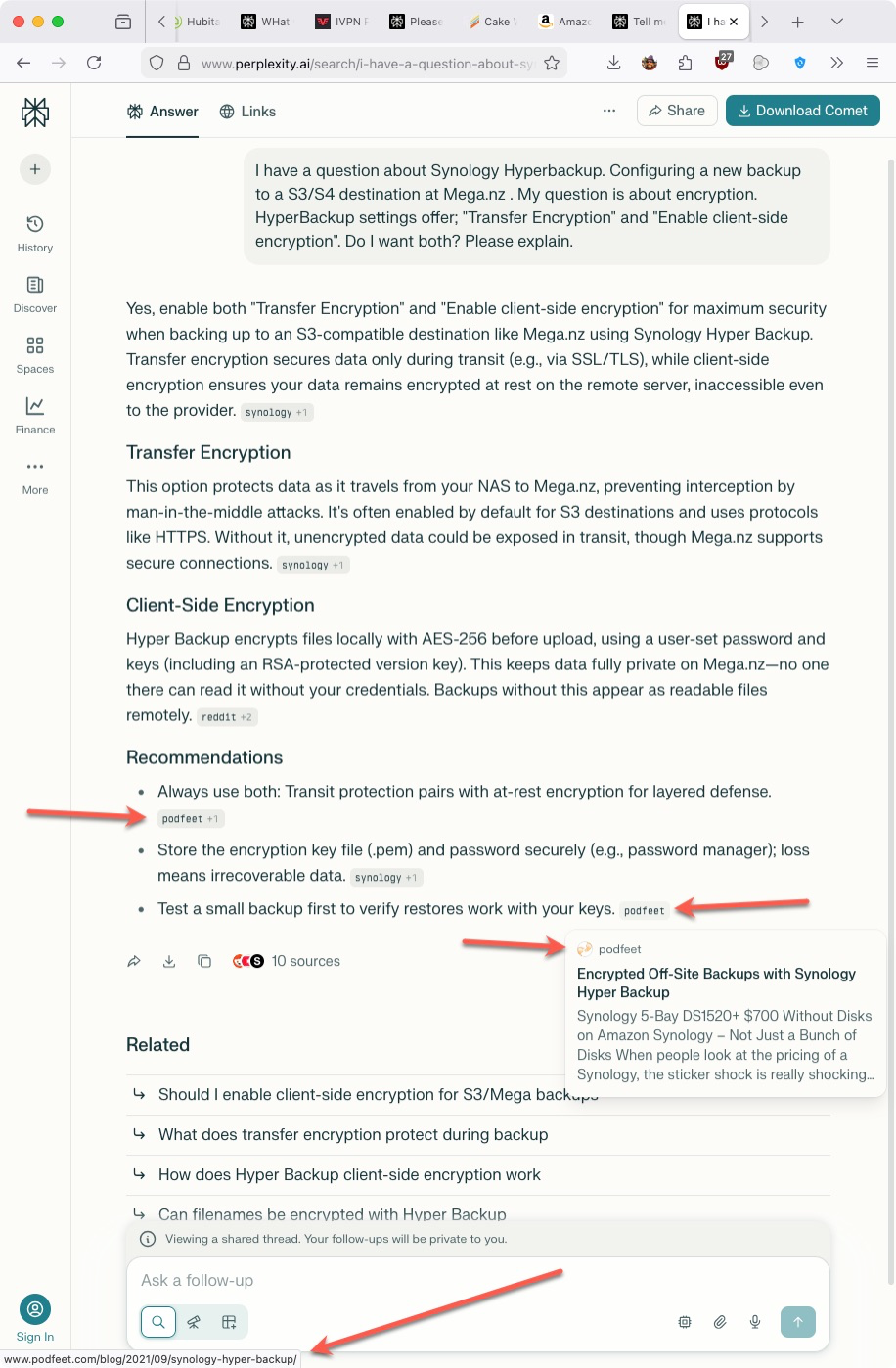 Perplexity screenshot from Dave Nathanson pointing at a reference to my post on encrypted off-site backups with Synology Hyper Backup.
