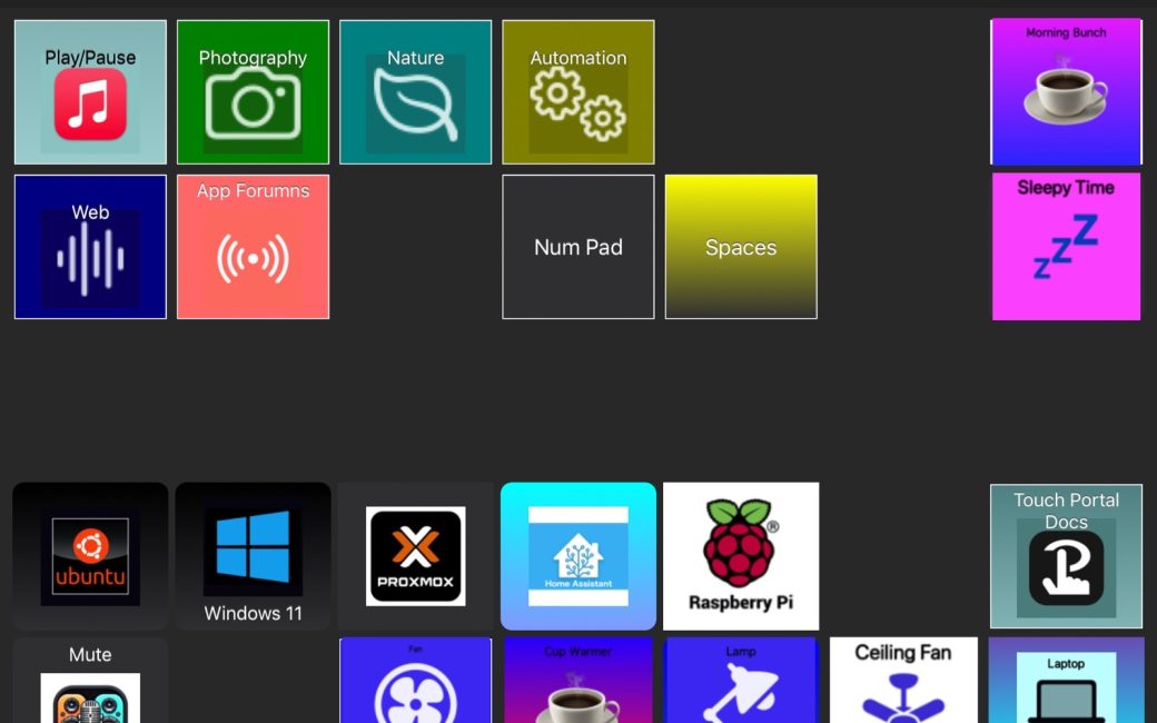 A screen on iOS for the host controller with tabs across the top, with the Pages tab selected. On this tab we can see a variety of buttons with different icons, such as a play/pause button with the Apple Music icon on it.