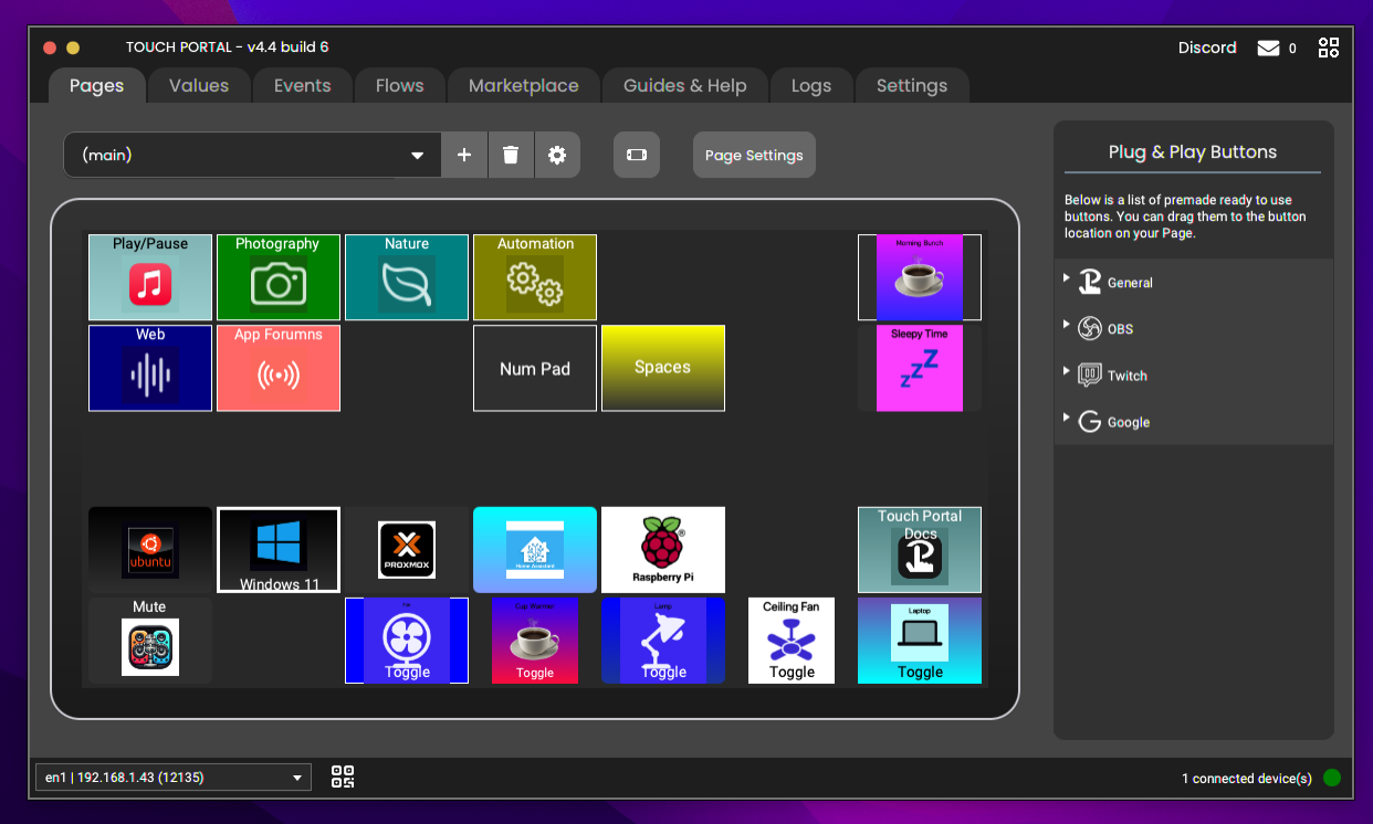 A screen on macOS for the host controller with tabs across the top, with the Pages tab selected. On this tab we can see a variety of buttons with different icons, such as a play/pause button with the Apple Music icon on it.