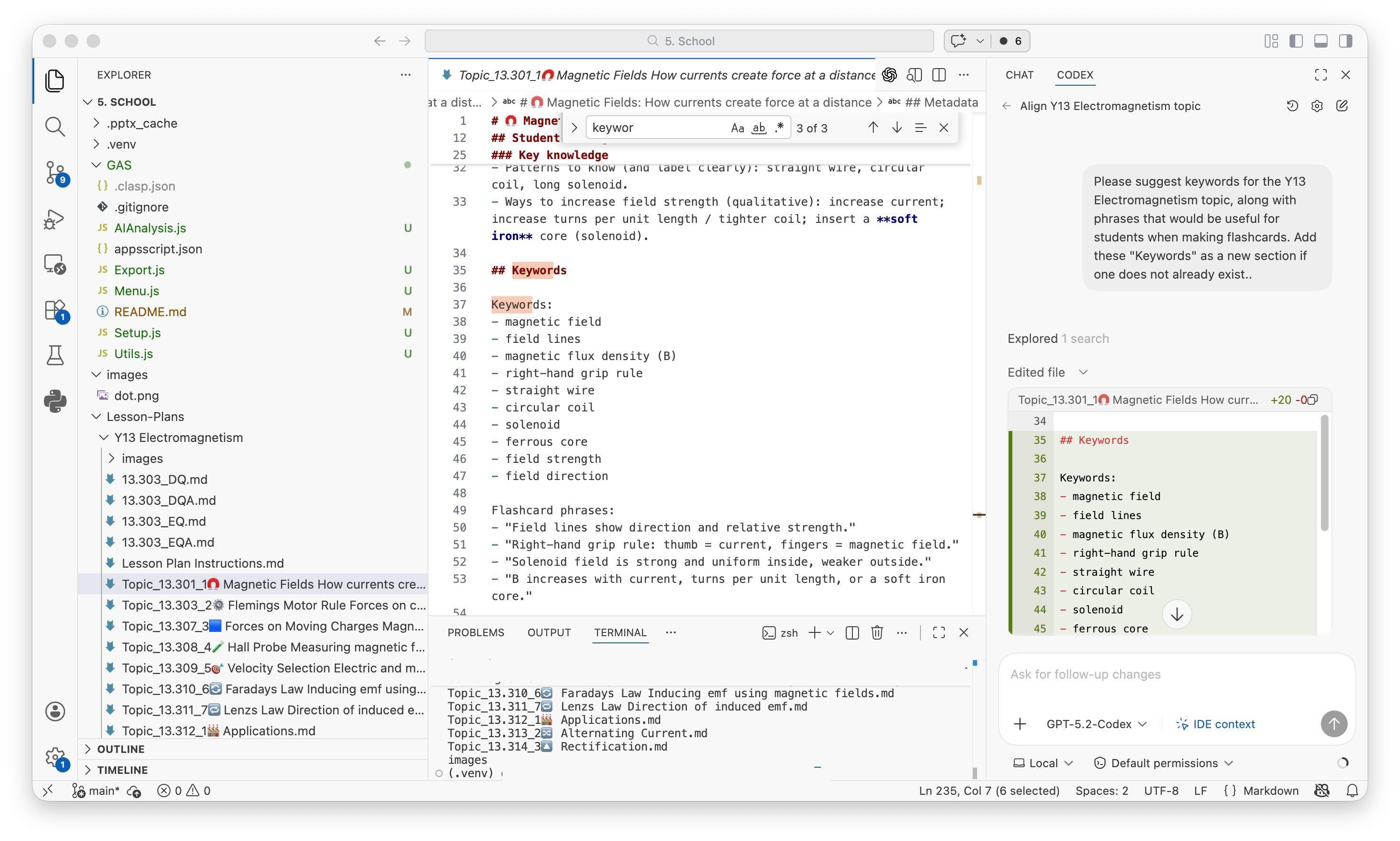 VS Code workspace showing a project folder with lesson plan markdown files, a Lesson Plan open in the editor, an AI chat pane on the right, and a terminal panel open at the bottom.