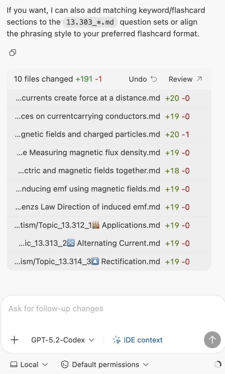 AI chat pane in VS Code showing edits applied across ten markdown files, adding keyword and flashcard sections.