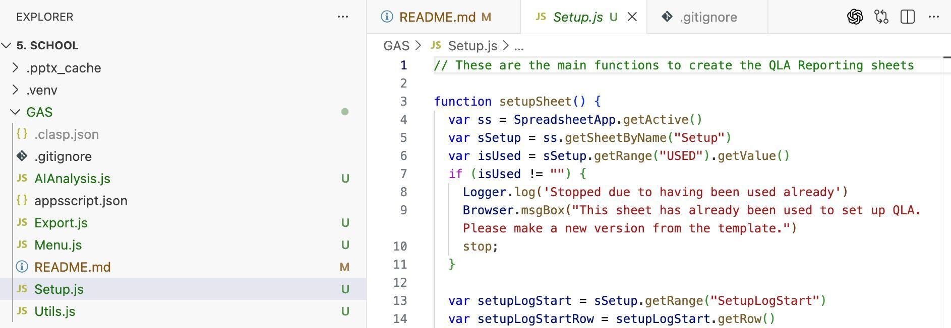 JavaScript file for a Google Apps Script open in VS Code with the project files listed in the explorer panel.