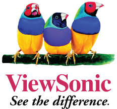 Three brightly colored Gouldian finches—one red-faced, one black-faced, and one red-faced—perch side by side on a branch. Below them is the ViewSonic logo in red text with the tagline “See the difference.” in black italic lettering.