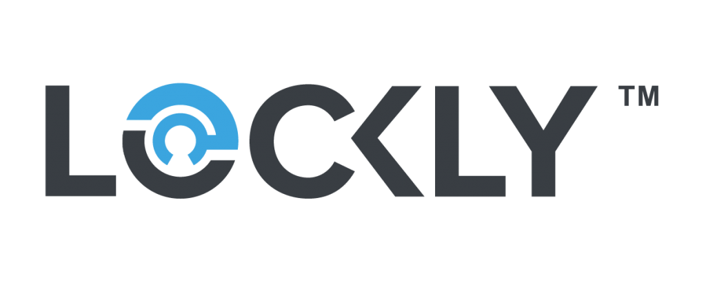 Logo for Lockly featuring the word ‘LOCKLY’ in dark gray capital letters. The ‘O’ is stylized as a circular blue and gray lock icon with a keyhole shape in the center, and a small ‘TM’ trademark symbol appears to the upper right.