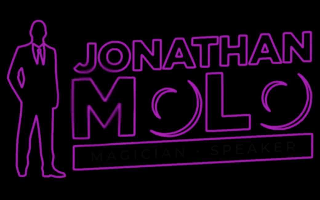 Neon-style logo on a black background reading “Jonathan Molo” in glowing purple stylized text with a purple outline silhouette of a man in a suit on the left.