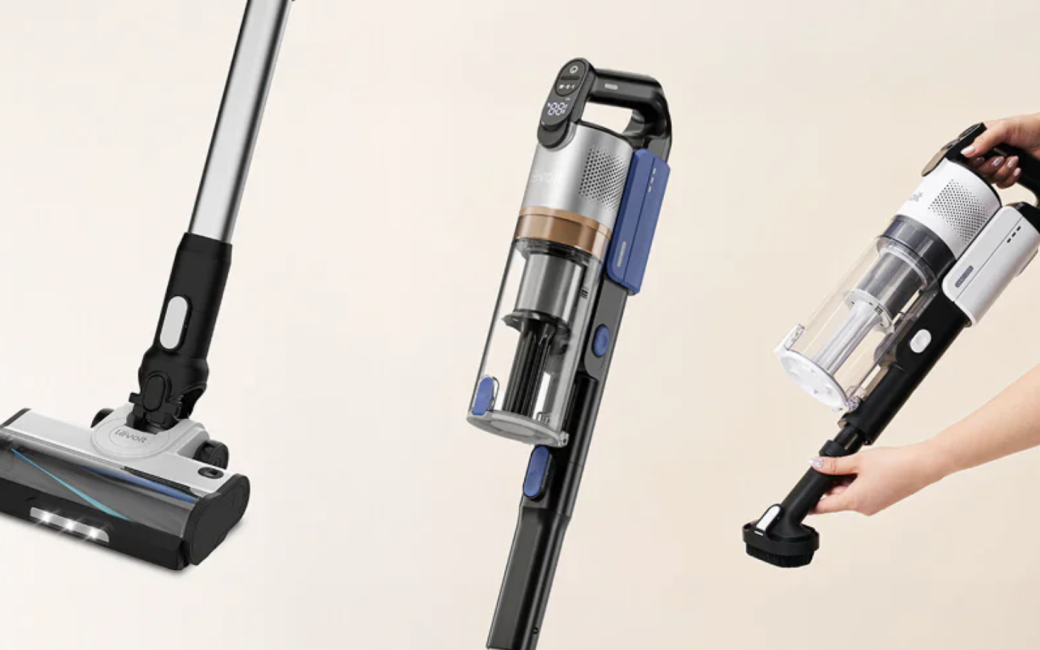 Three views of the Levoit LVAC-200 cordless stick vacuum cleaner against a light background. The left image shows the vacuum assembled with a floor brush head and long wand. The center image shows the main handheld unit with dust bin and control display. The right image shows a person holding the vacuum configured as a handheld cleaner with a small attachment.
