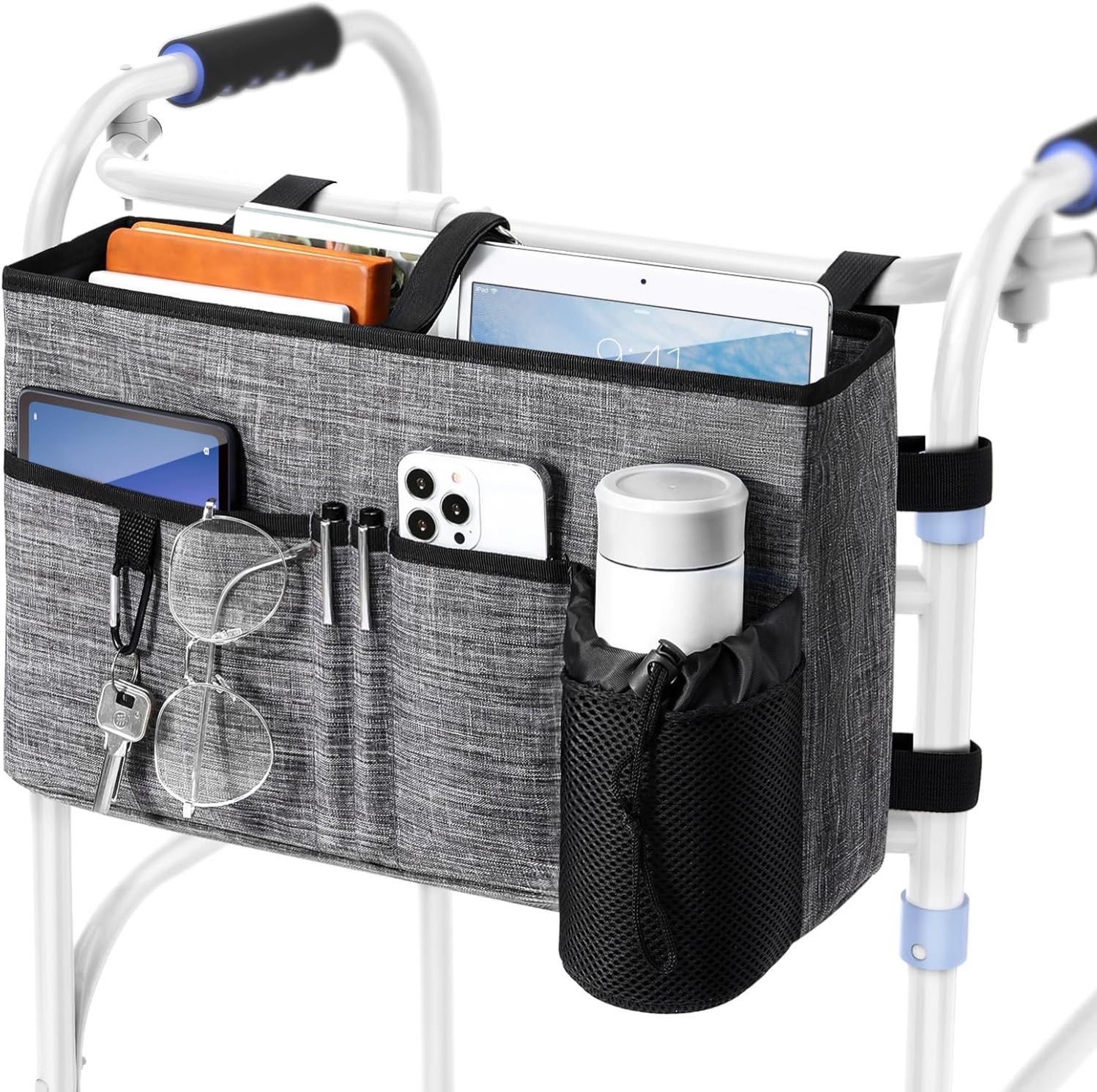 Rhino Valley Walker Basket.jpg Rhino Valley Walker Basket showing a tablet, two pens, a large iphone and a small water bottle in the front.