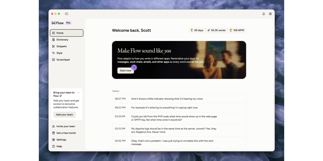 The Wispr Flow desktop app main window on macOS, showing the Home screen with a welcome message reading "Welcome back, Scott" and usage stats displaying 30 days, 50.3K words, and 158 WPM. The left sidebar includes navigation links for Home, Dictionary, Snippets, Style, and Scratchpad, along with a "Bring your team to Flow" promotion. A banner in the center reads "Make Flow sound like you" with a "Start now" button. Below it, a timestamped transcript log shows recent dictation entries from the current day.